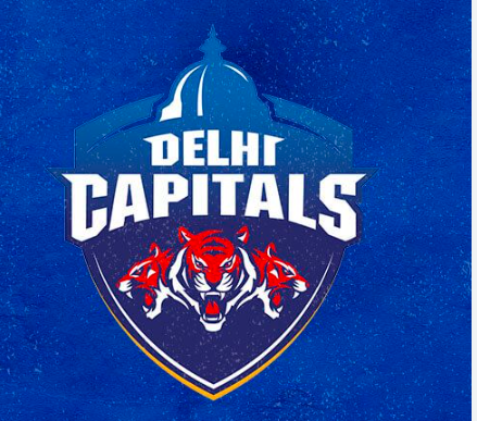 Logo of Delhi Capitals with cricket ball and bat.