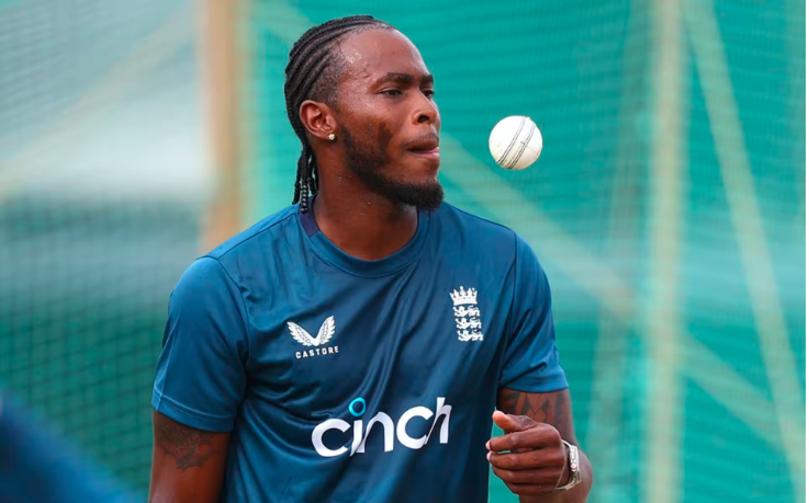 Image of Jofra Archer bowling during a cricket match.