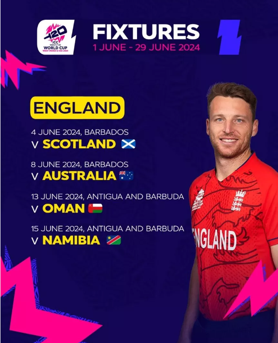 Graphic showing the England cricket team emblem and schedule for the T20 World Cup 2024 matches.