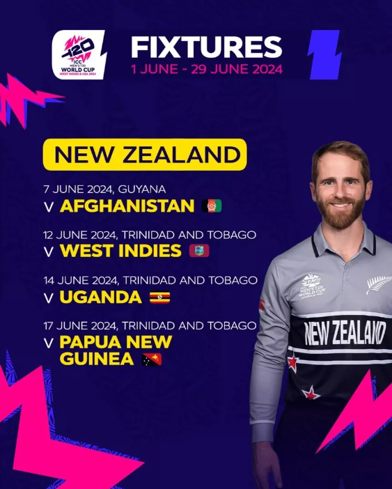 Graphic showing the New Zealand cricket team emblem and schedule for the T20 World Cup 2024 matches.