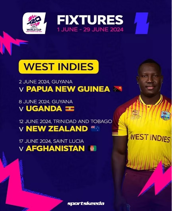 T20 World Cup 2024 | West Indies Matches Schedule with Date, Time and Venues