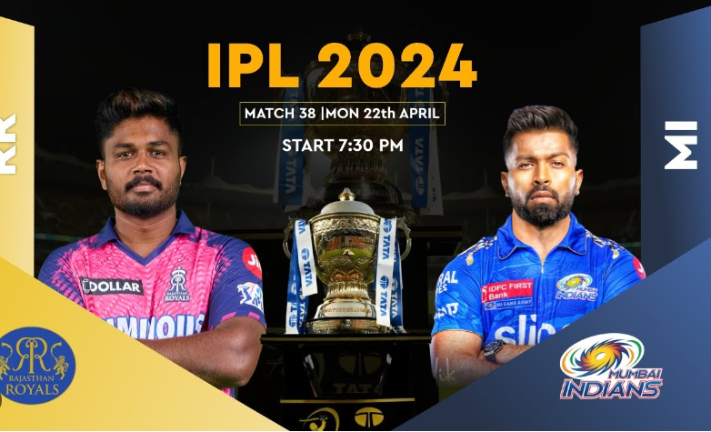 A cricket match in progress between Rajasthan Royals and Mumbai Indians in the TATA IPL 2024.