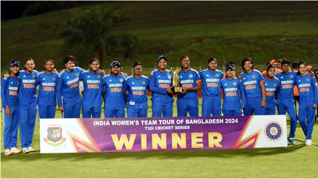India Women celebrate a whitewash victory against Bangladesh Women in the 5th T20I.