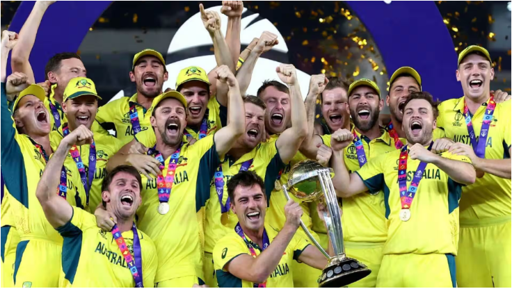 Australian T20 World Cup 2024 squad led by captain Mitchell Marsh, featuring key players Pat Cummins, Josh Hazlewood, David Warner, and Glenn Maxwell.