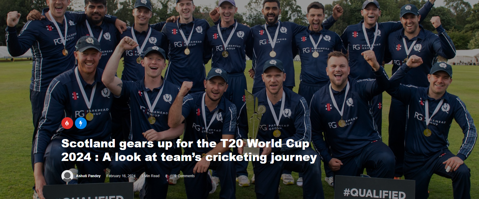 Scotland cricket team players celebrating a wicket during a match.