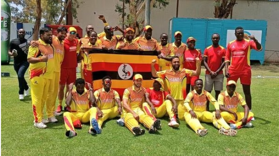 Uganda cricket team players celebrating during a match.