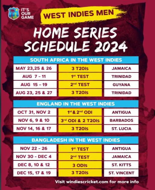 Cricket schedule announcement for West Indies' 2024 home summer.