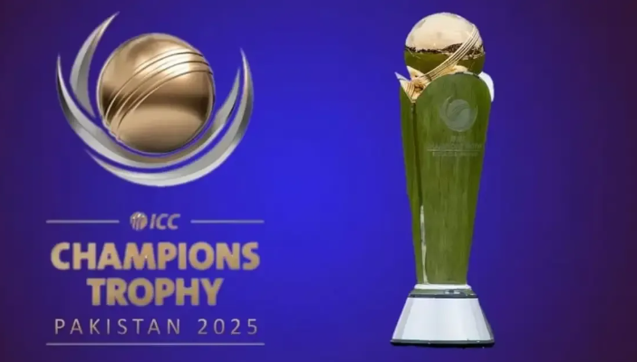 ICC logo with Champions Trophy text and cricket imagery in the background