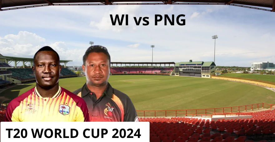 A cricket match between the West Indies and PNG during the T20 World Cup 2024, with West Indies players celebrating their 5-wicket victory.