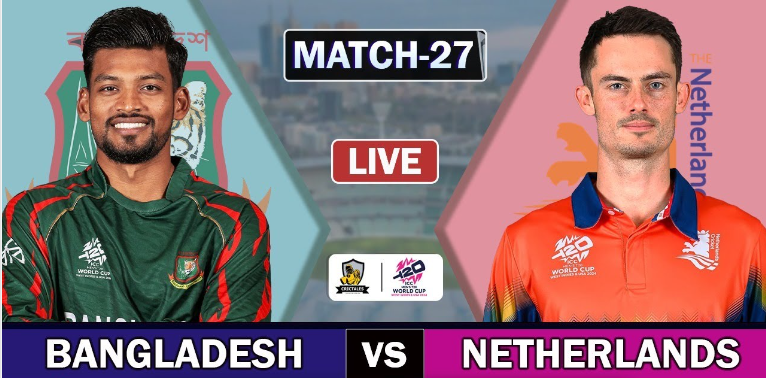 Cricket action between Bangladesh and Netherlands during the T20 World Cup match.