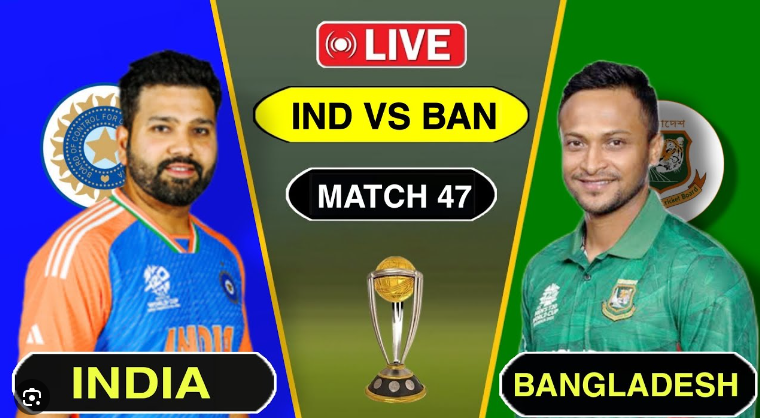 Hardik Pandya batting during the T20 World Cup 2024 match against Bangladesh, while Kuldeep Yadav bowls.