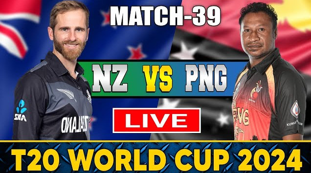 A cricket match scene with Lockie Ferguson bowling, highlighting his brilliant spell that helped New Zealand secure a victory against PNG. The scoreboard shows PNG 78 all out and New Zealand 79/3 in 12.2 overs.