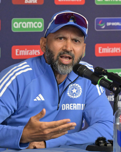 Paras Mhambrey, India's bowling coach, addressing the media after India's win over Pakistan in the T20 World Cup 2024.