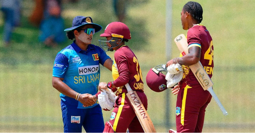 Hayley Matthews and Shemaine Campbelle celebrating after guiding West Indies to a series-clinching victory over Sri Lanka in the final T20I at Hambantota.